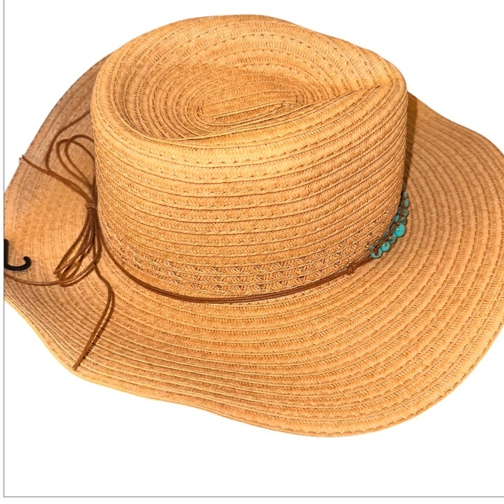 NWT Beaded Chic Tan Straw Hat with Beaded Detail